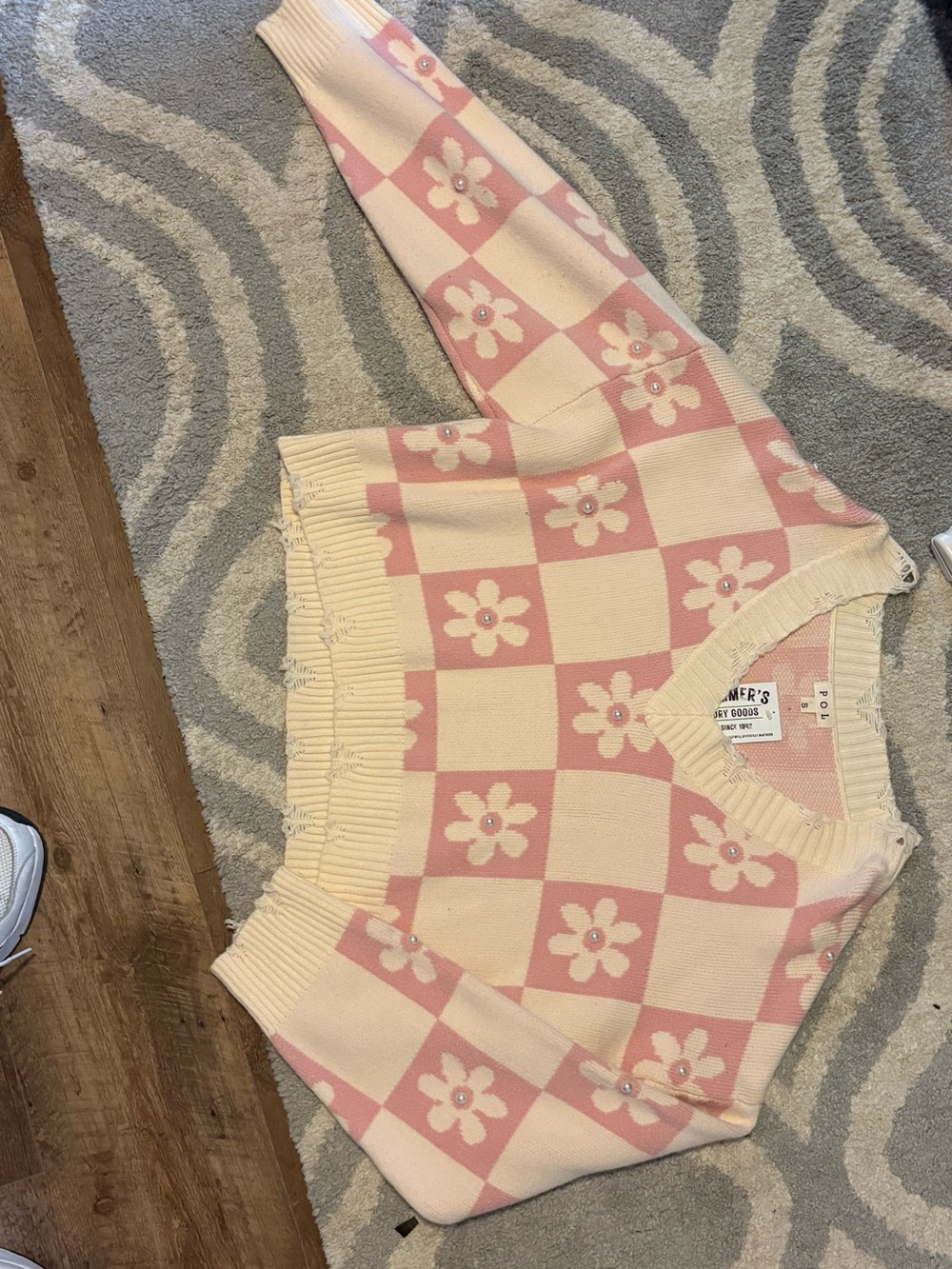 POL Pink and Cream Checkerboard Flower Knit Sweater